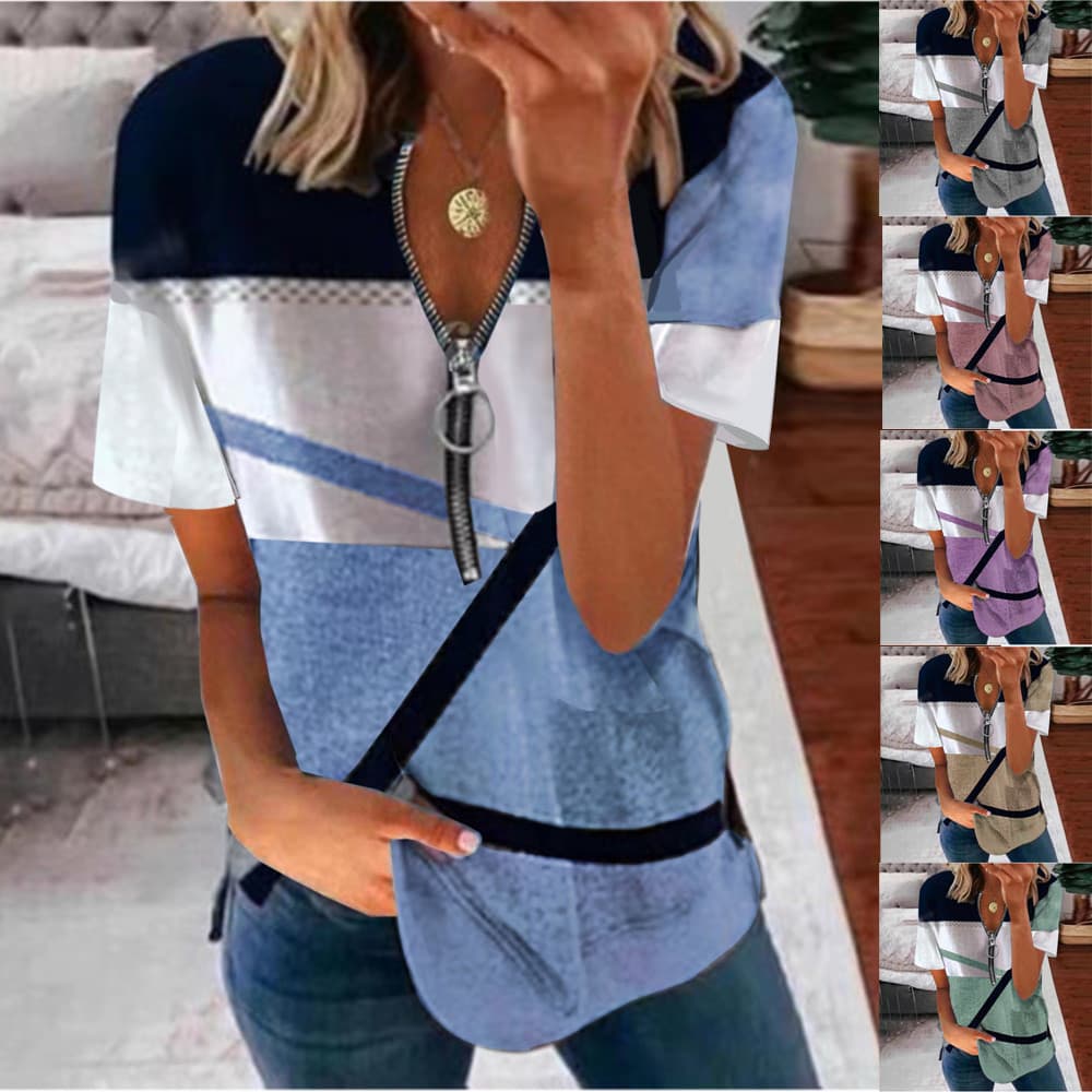 2026 Independent Platform Temu European and American Cross-Border Summer New Women's Clothing Zipper Print Loose Short-Sleeve T-Shirt Top
