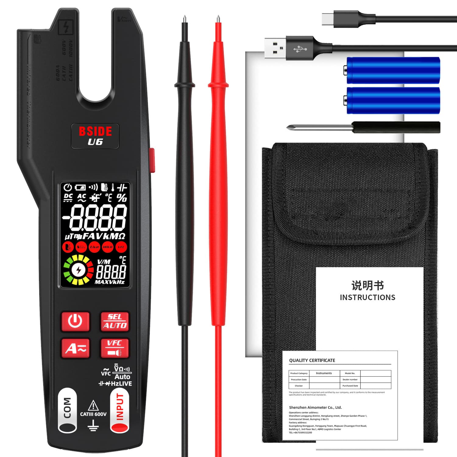 BSIDE Rechargeable U-Shaped Clamp Meter AC/DC Clamp Current Tester Digital High-Precision Electrician Clamp Multimeter
