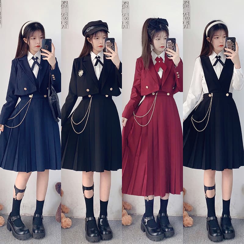 Authentic Japanese original JK uniform basic mid-length cardigan dress vest and suspender dress set
