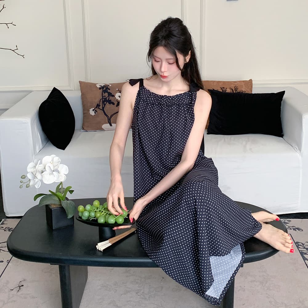 Shoulder Strap Tie Cotton Silk Nightgown for Women, Summer Niche Design, Lazy Vacation Tea Break French-Style Lyocell Nightgown