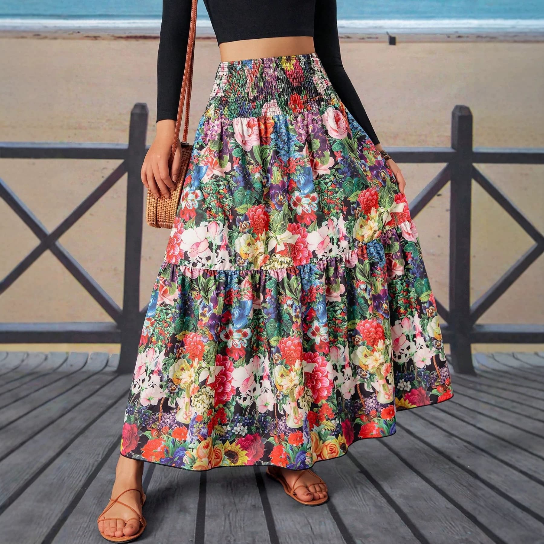 2026 Cross-Border European and American Women's Clothing High-Waisted Pleated Layered Long Skirt A-Line Skirt 2026 Summer