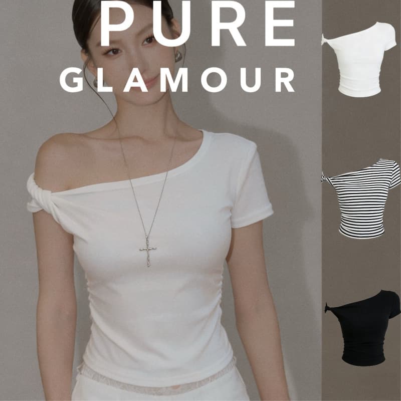 2026 New White Off-Shoulder Short-Sleeve T-Shirt Women's Summer Pleated Waist Slim Fit Knit Short Top