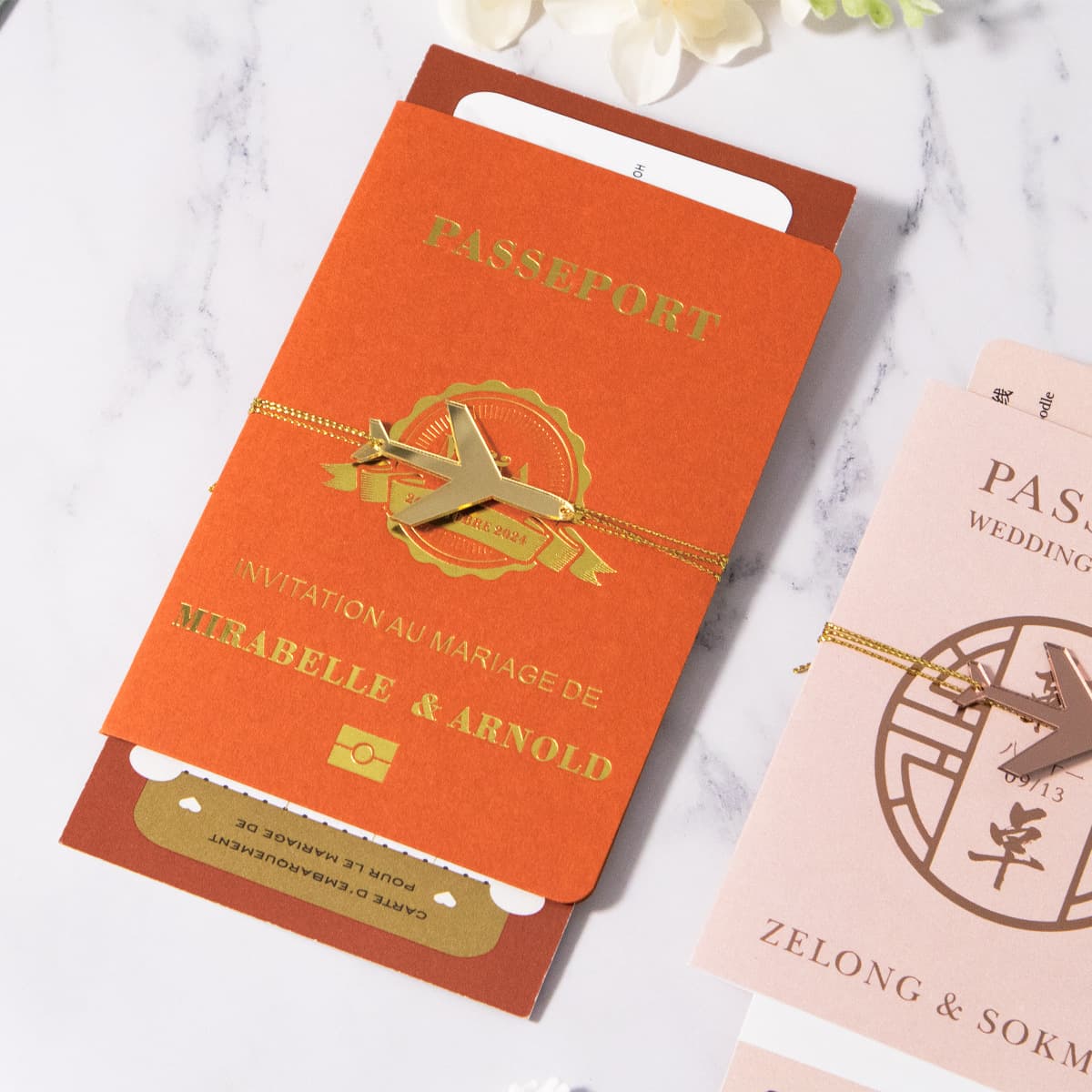 Wedding invitations with passport-style mirror gold rose, gold/silver acrylic airplane design for cross-border sales.