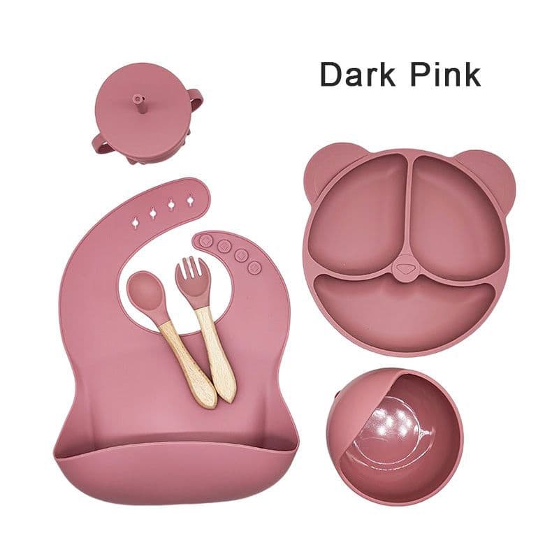 Children's silicone food supplementary tableware, silicone panda dinner plate, six-piece set, suction cup bowl, baby learning food compartment plate, silicone spoon