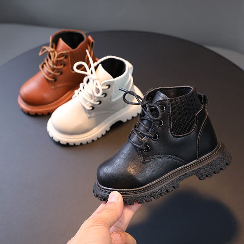 Children's Autumn/Winter Solid Color Fashionable Martin Boots Girls Soft Sole Boots Boys Short Single Leather