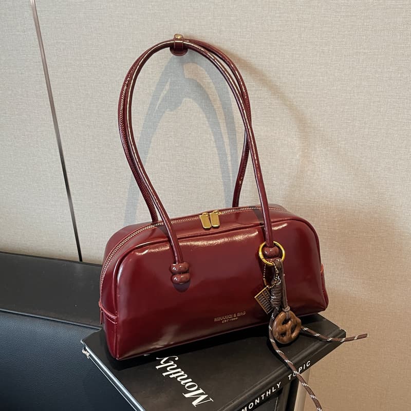 Vintage Glossy Boston Bag Structured Body Neat Interior Daily Commute Fits Multiple Styles Elegant Women