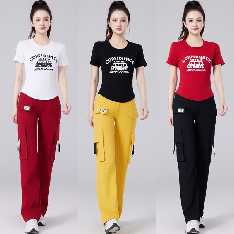 2025 Summer New Square Dance Sports Suit, Ghost Step Dance Casual Wear, Printed Letter Short-Sleeve Cargo Pants Set