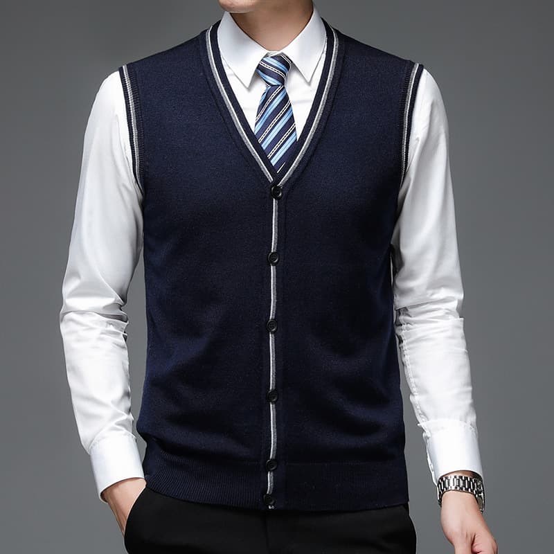 Autumn/Winter Single-Breasted Navy Blue Solid Color Wool Collarless Daily Slim Fit Non-Hooded Ready Stock Vest Spring/Autumn Style