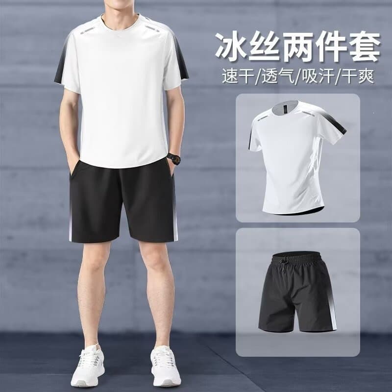 Men's Sports Suit, Running Gym Short Sleeve Quick-Dry Badminton Basketball Training Clothes, Lightweight Elastic Morning Run Wear