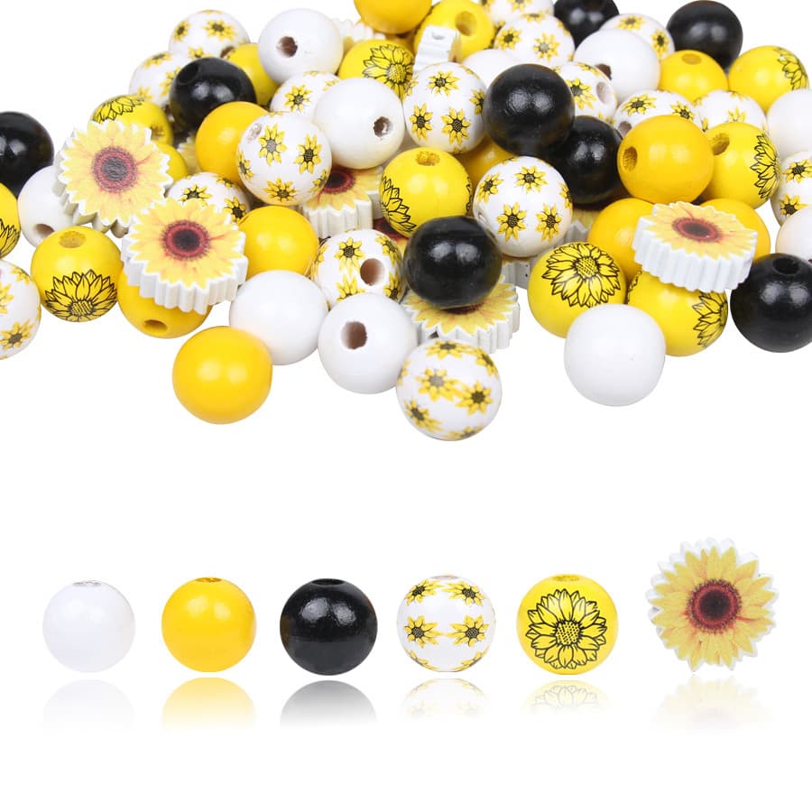 Sunflower Series Sunflower Wood Beads Spring Series Wood Beads Round Wood Beads Loose Wood Beads Wood Bead String DIY Accessories
