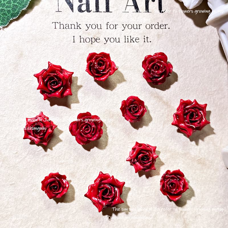 New Year Red Rose Nail Art Accessories Premium Soft Flower Bracelet Glossy Nail Decor Small Charms