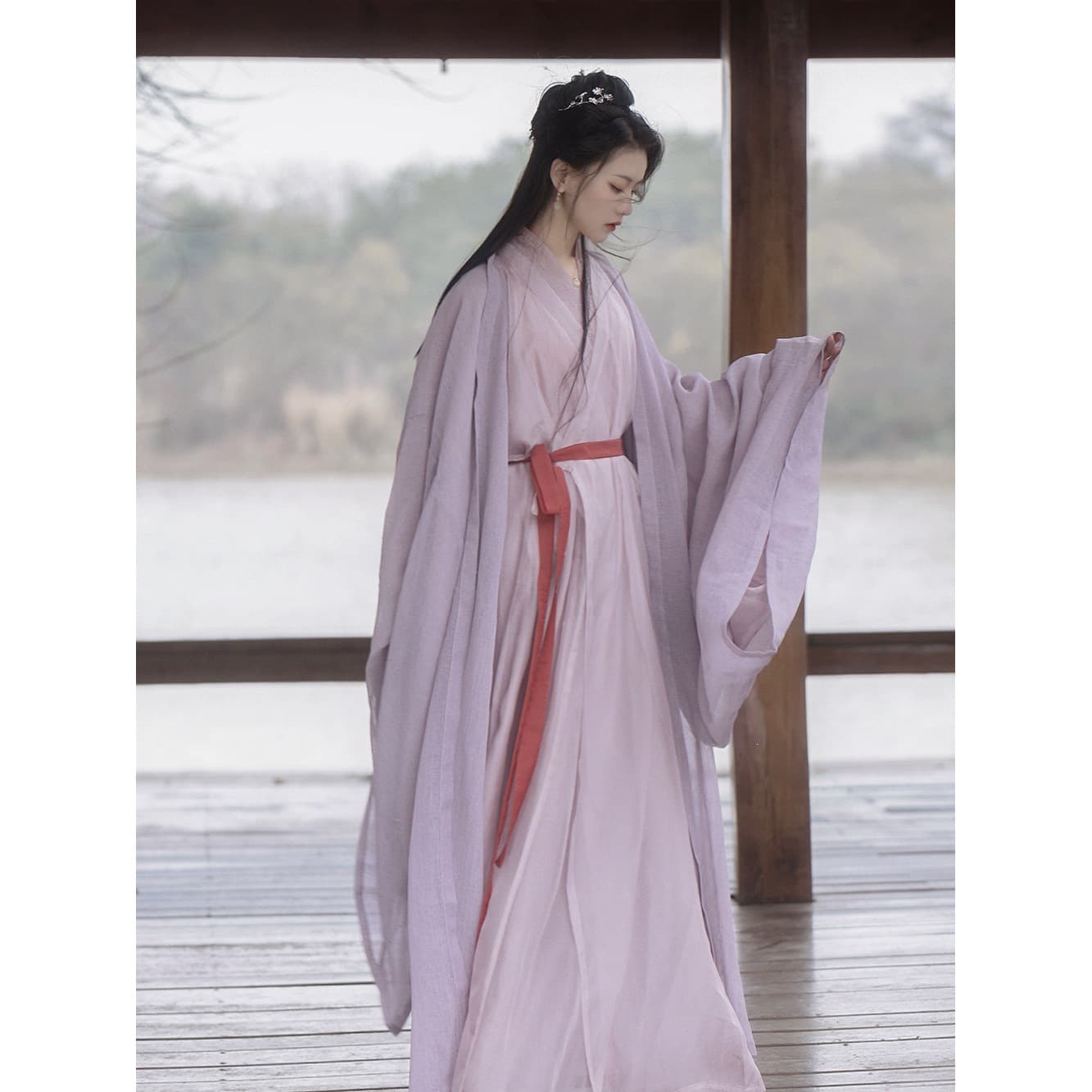 Women's Hanfu, Wei Jin Northern and Southern Dynasties Style, Cross-Collar Long Gown, Wide-Sleeved Shirt, Pink-Purple Flowing Dance Performance Costume, Other Brands