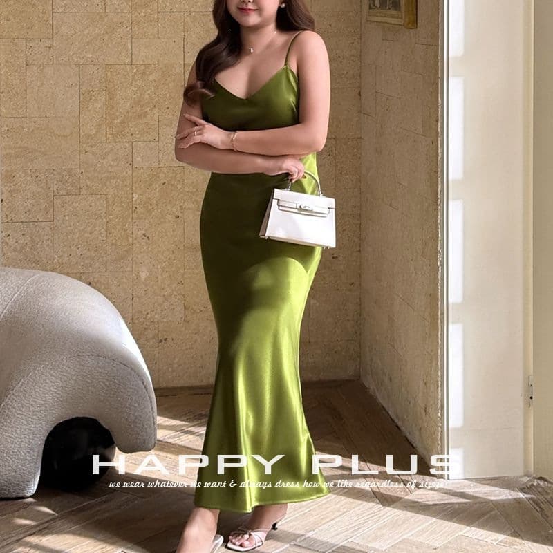 HAPPYHUT Bright Glossy Atonement Green Dress 9554 Heavy Double-Sided Satin V-Neck Fishtail Spaghetti Strap Dress Plus Size Women's Clothing