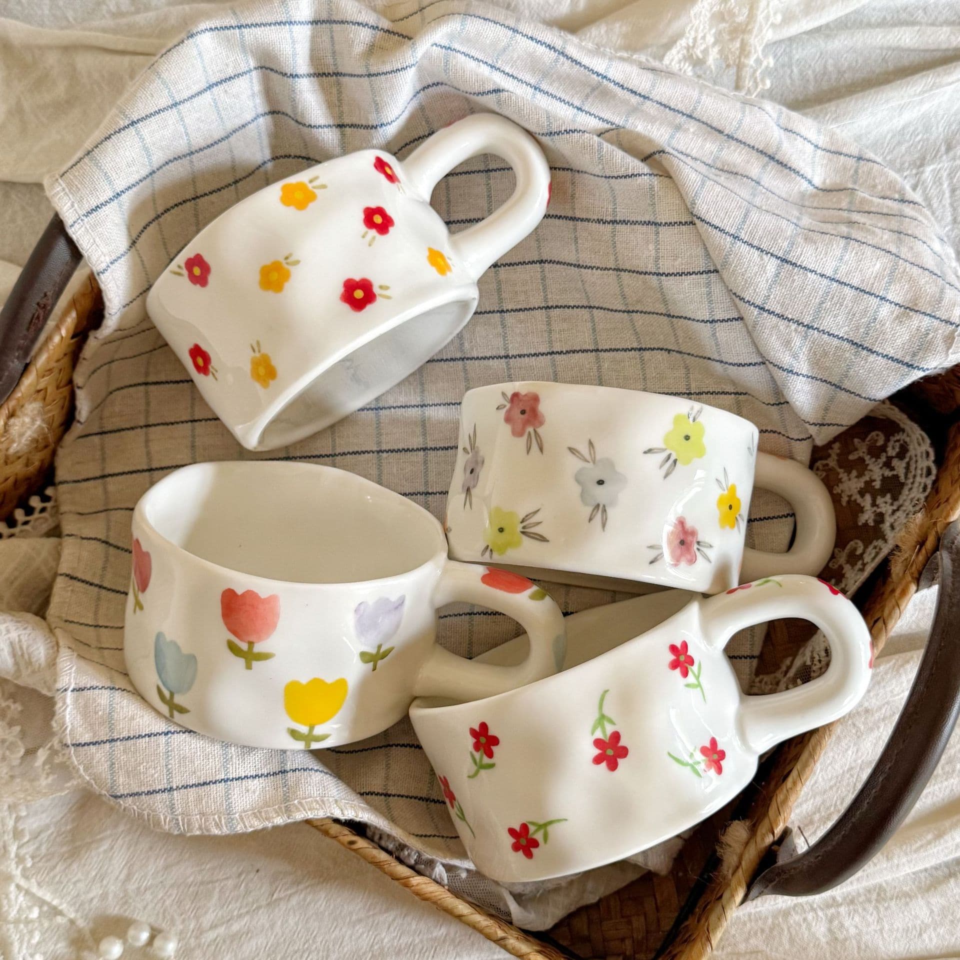 Korean Ins-style Hand-painted Floral Hand-pinched Ceramic Coffee Cup Irregular Breakfast Cup Latte Cup Milk Cup Tea Cup