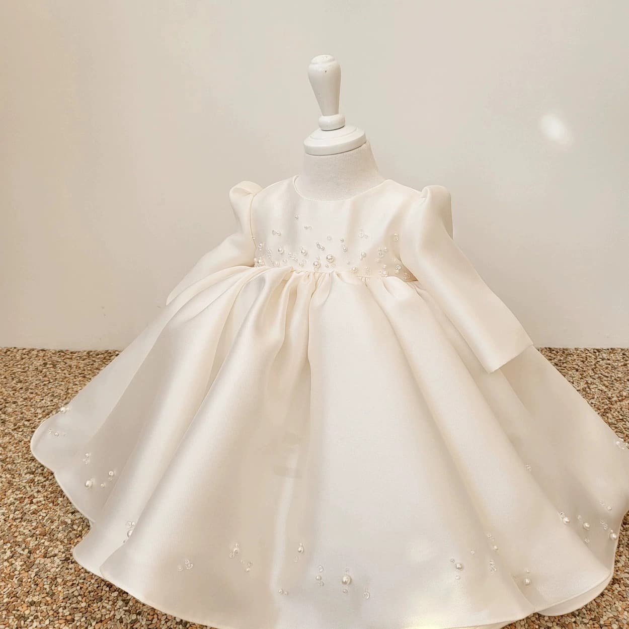 New Ivory White Kids' Formal Dress French Satin Long Sleeve Baby Girl First Birthday Photo Dress Stylish Princess Gown
