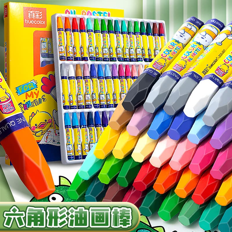 Truecolor oil pastels, child-safe non-messy crayons, kindergarten-specific 24, 36, and 48-color boxed sets.