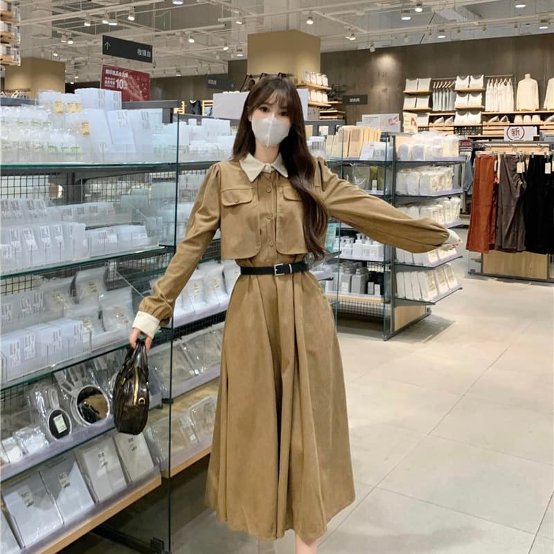 Corduroy Faux Two-Piece Elegant Dress for Women Autumn Winter Premium Unique Waist-Slimming A-Line Knee-Length Tea Party Dress