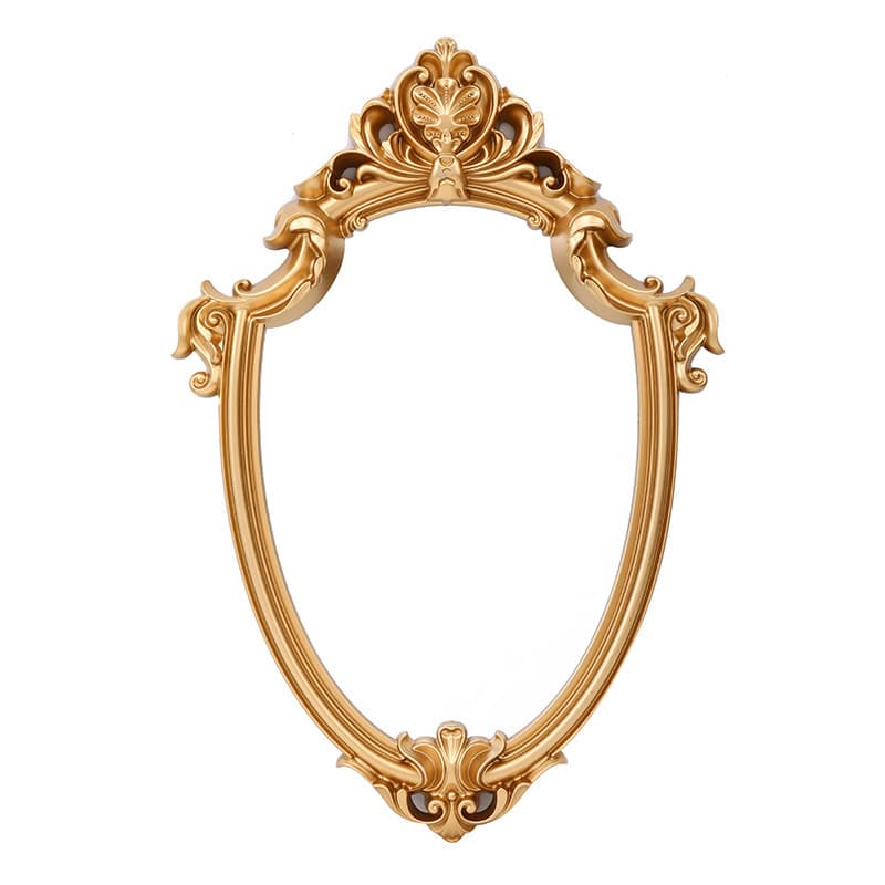 Manufacturer supplies irregularly shaped plastic decorative mirrors and hanging mirrors for export to Europe, featuring a vintage shield design and embossed openwork.