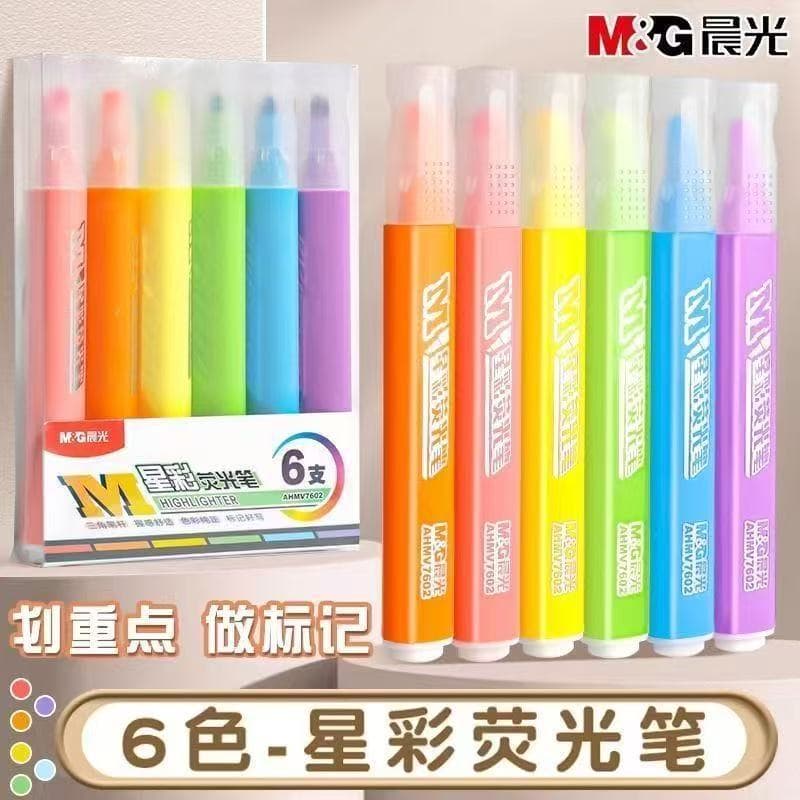 Chenguang AHMV7602 Star Glow Fluorescent Pen, 6-Color Neon Highlighter Set for Students, Hand Account Markers, Candy Colors