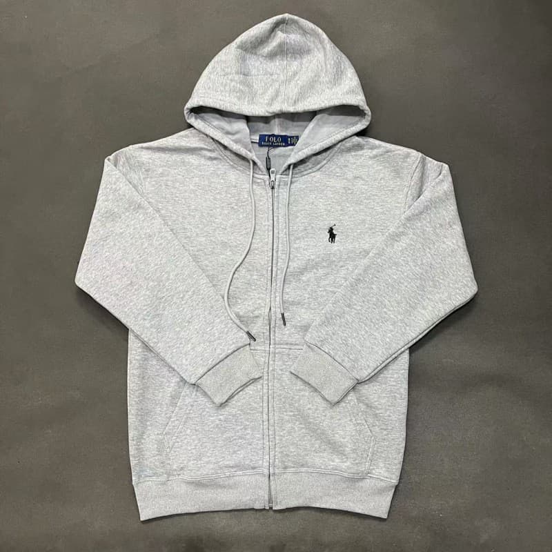 Autumn Winter Fleece-Lined Paul Pony Embroidered Solid Color Hoodie Men's Casual Pure Cotton Hooded Zip Cardigan Jacket