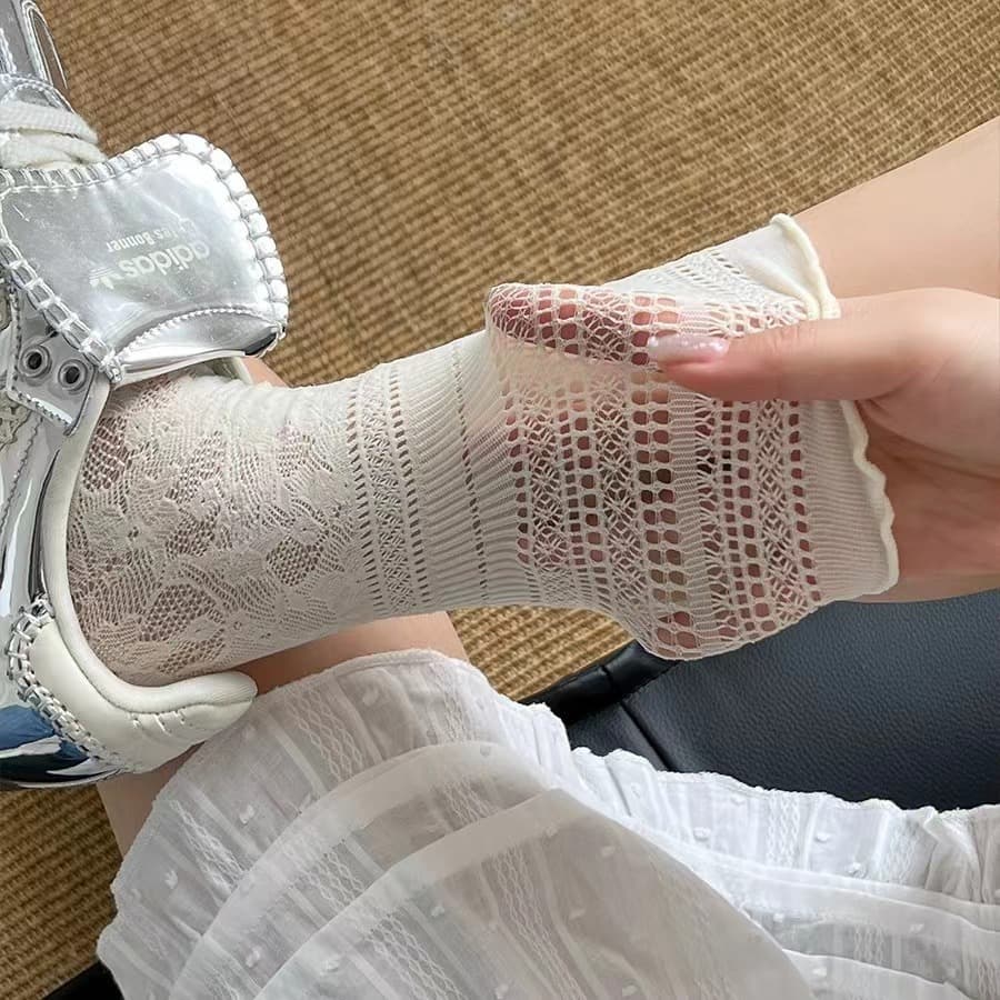 Lace Fishnet Stockings for Women Summer Thin Ballet Style with Mary Jane Shoes Mid-Calf Ruffle White