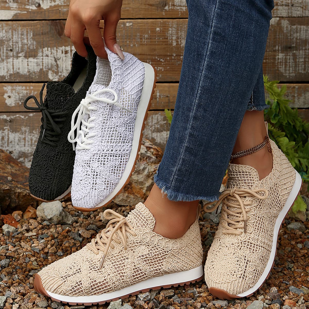 2026 New Women's Cross-Border Casual Sports Shoes Thick Sole Mesh Front Lace-Up Casual Sports Shoes