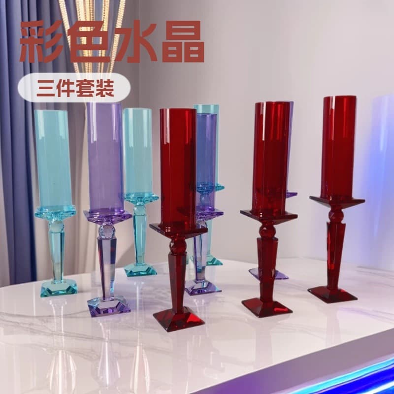 Cross-border Single-Head Colored Crystal Candle Holder Three-Piece Set Wedding Decoration Prop Candle Holder High-End Craft Ornament