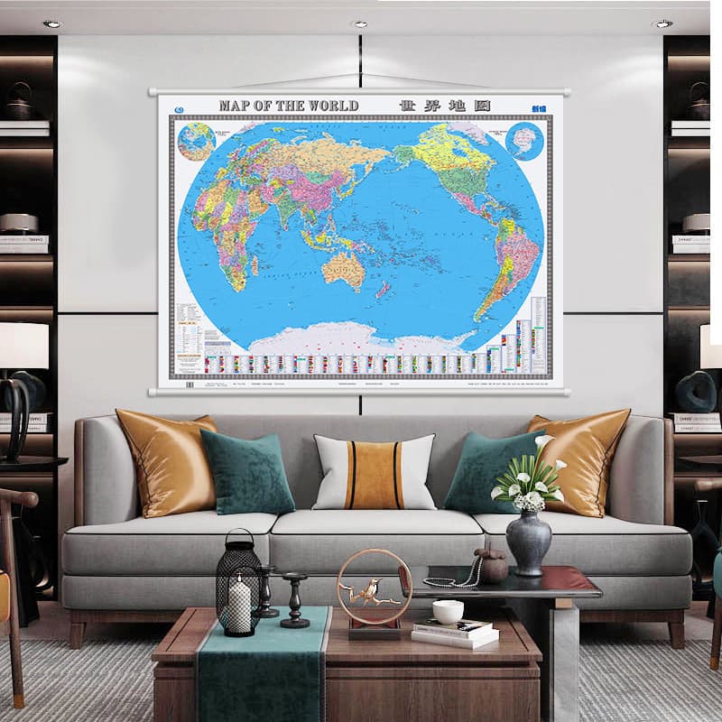 Chinese and World Map Wall Chart (English and Chinese Versions, 1.5 x 1.1 meters, Hanging Rope Version, Waterproof Coated, Office Decoration)