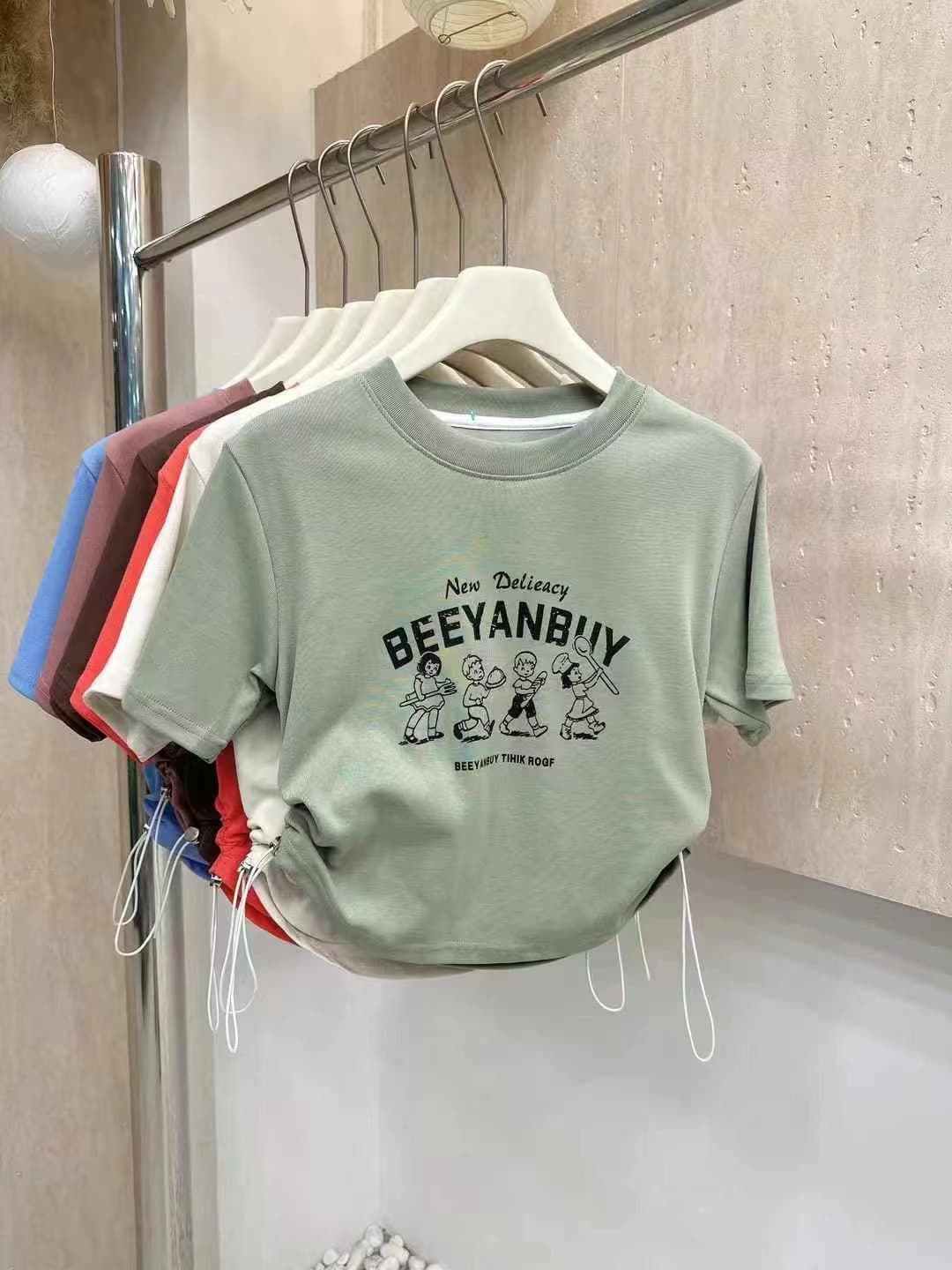 Hot Girl Drawstring Printed Short Sleeve T-Shirt for Women Summer Loose Fit Women's Top Round Neck Live Stream Source High Quality
