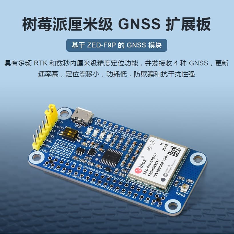 ZED-F9P GPS-RTK HAT Raspberry Pi Centimeter-Level GNSS Expansion Board Multi-Frequency RTK Differential GPS Module
