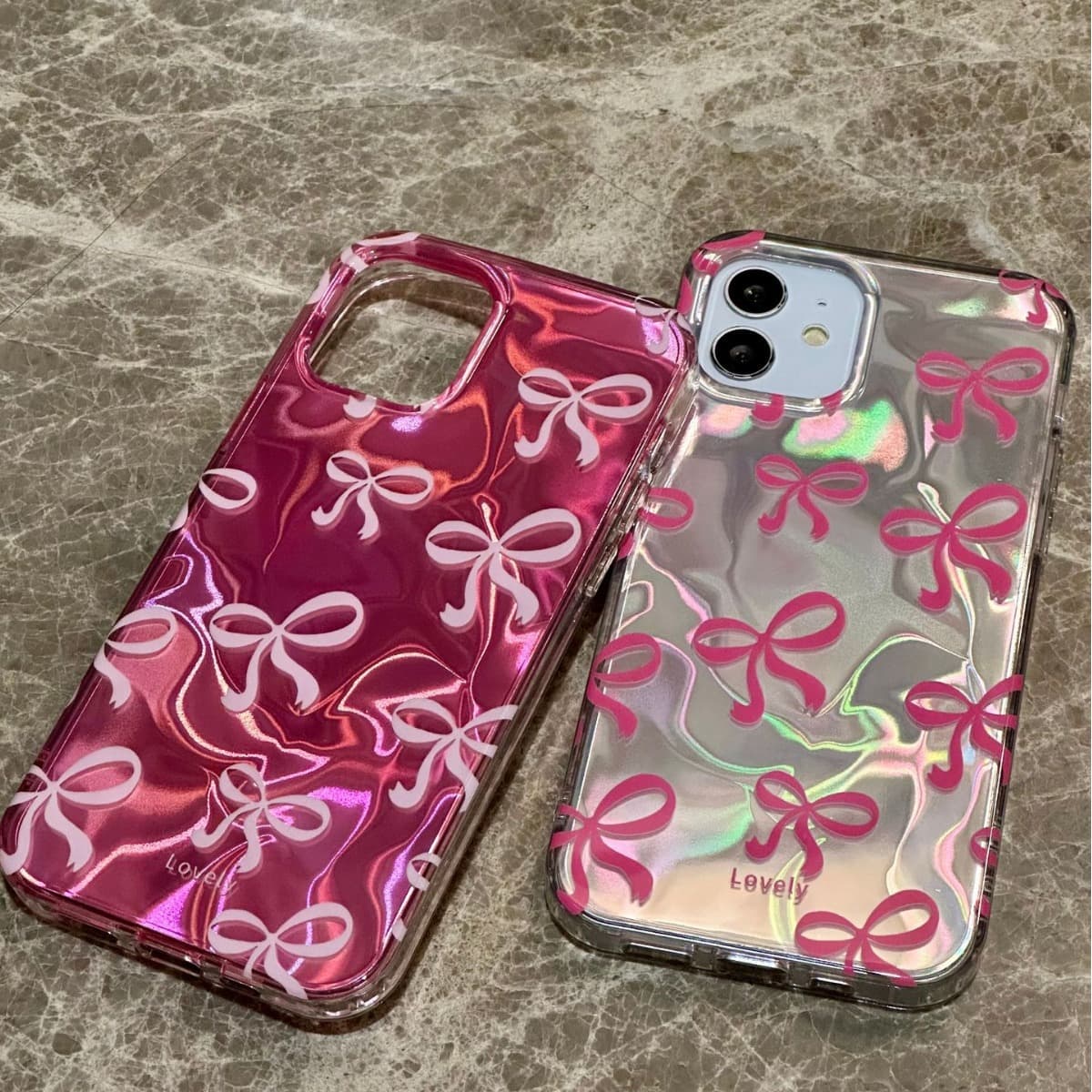 Water Ripple Pink Silver Bow iPhone 15 Apple 14 Pro Max Phone Case Laser 13 Girl 12 Soft