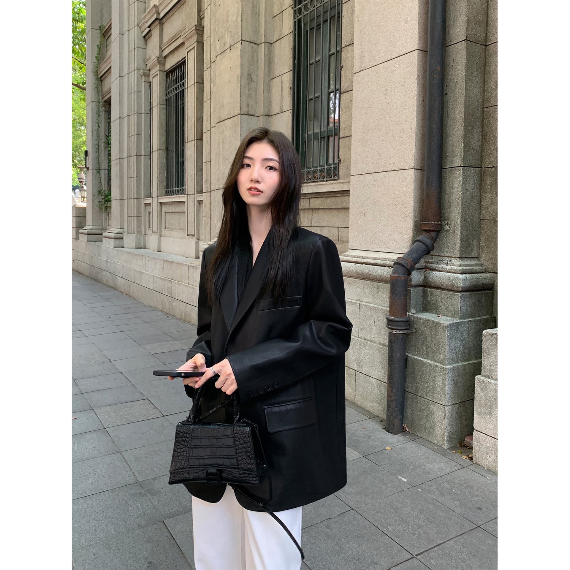 Loose Black PU Leather Jacket Women's Spring Autumn New Style Small Western Suit High Quality Fashionable Pocket Design Full Sleeve