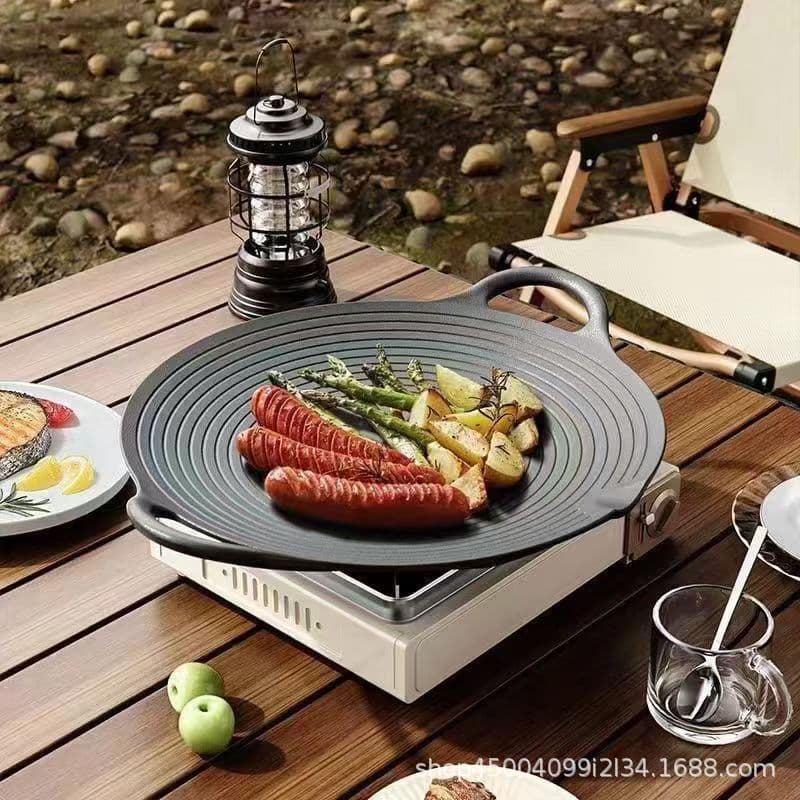 Korean BBQ Grill Pan Outdoor Stove Portable Gas Burner Korean Style Iron Plate BBQ Meat Pan Cast Iron Grill Pan for Home Use