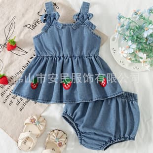 Summer Baby Denim Dungaree Dress Set Girls 3D Strawberry Embroidery Bow Soft Denim Pants