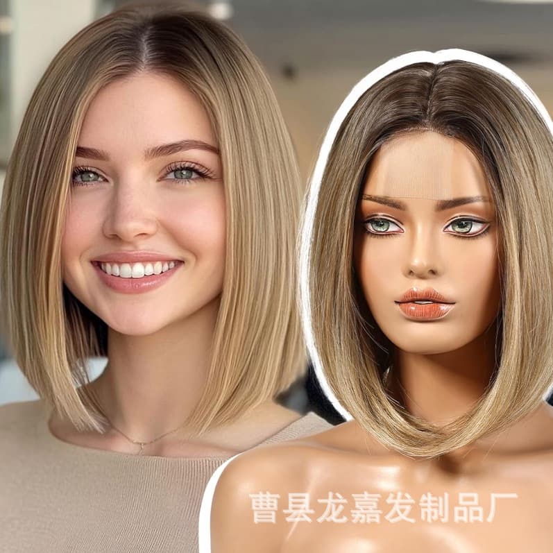 European and American Pre-Lace Wig Real Hair Short Natural Middle Part Breathable Comfortable Gradient Gray Blonde Wig for Women
