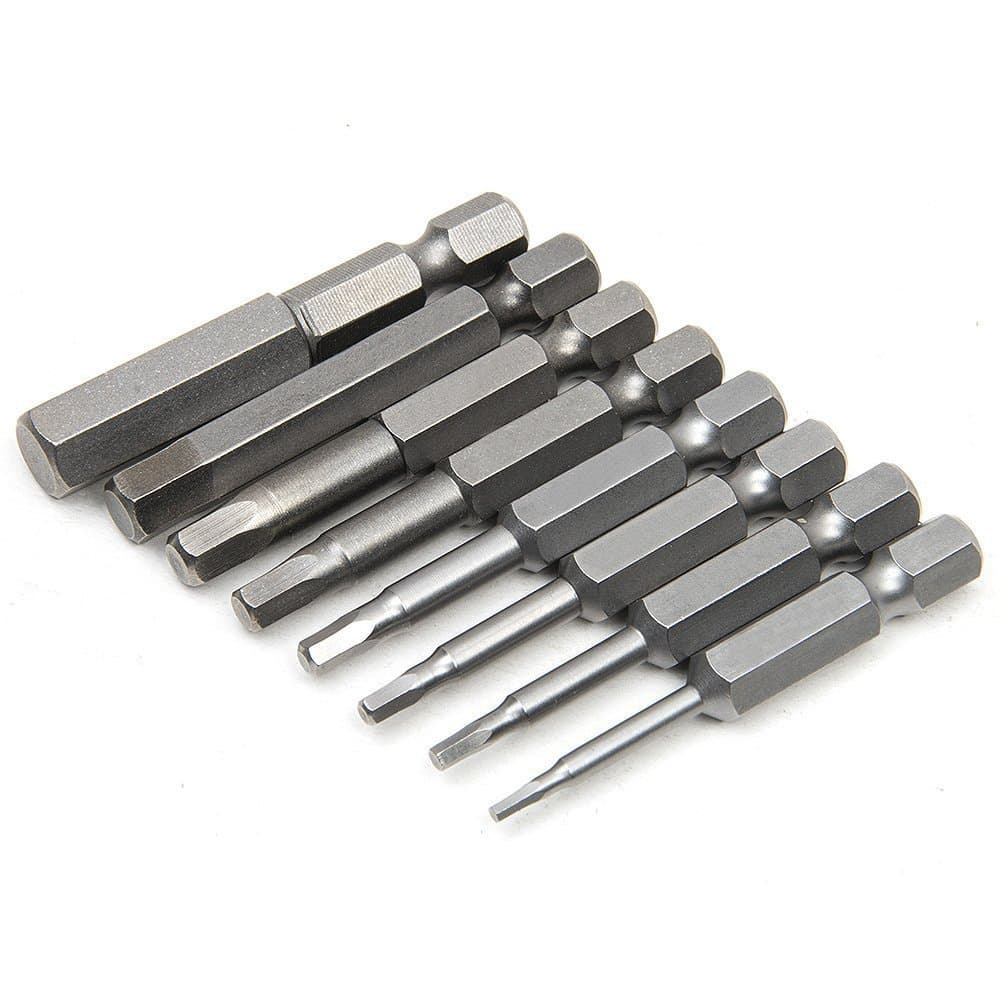 Pneumatic extended hexagonal screwdriver bits, H1.5-H8, with magnetoelectric properties, for use as pneumatic screwdriver bits.