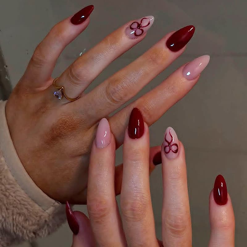 Cross-border Simple French Edge Wearable Almond Shape Valentine's Day Bow Red Invisible False Nail Stickers Wholesale