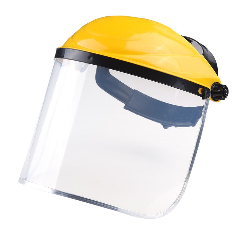 Yellow-top aluminum-rimmed PVC protective face shield, impact-resistant, heat-insulating, polished, eye-protecting headband.