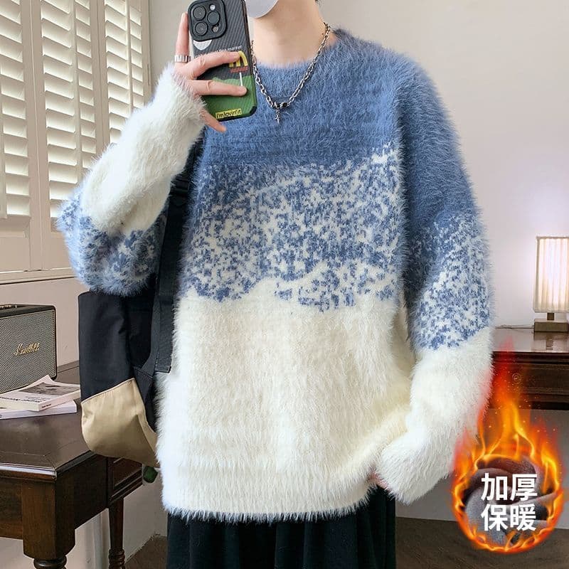 Men's mink sweater, autumn and winter round neck knitwear, thick and warm, loose and trendy knitwear for teenagers and students.