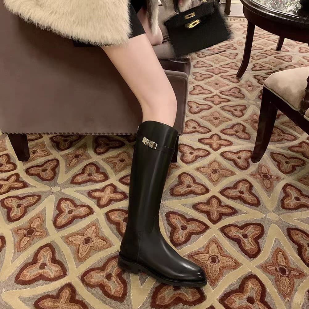 Long Knight Boots for Women 2025 Autumn and Winter New Round Toe Thick Heel High Boots Thick Sole Metal Buckle Fleece-Lined Boots