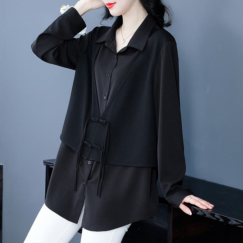Plus size fat sister fake two-piece new Chinese style collar high-end stylish loose casual commute versatile women long sleeve shirt