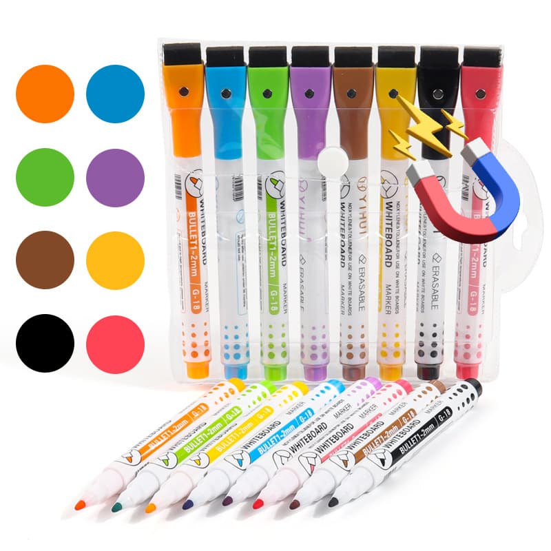 Water-Based Magnetic Whiteboard Pen with Brush Fine Tip Children's Color Drawing Pen Absorbent Quick-Drying for Smooth Surface