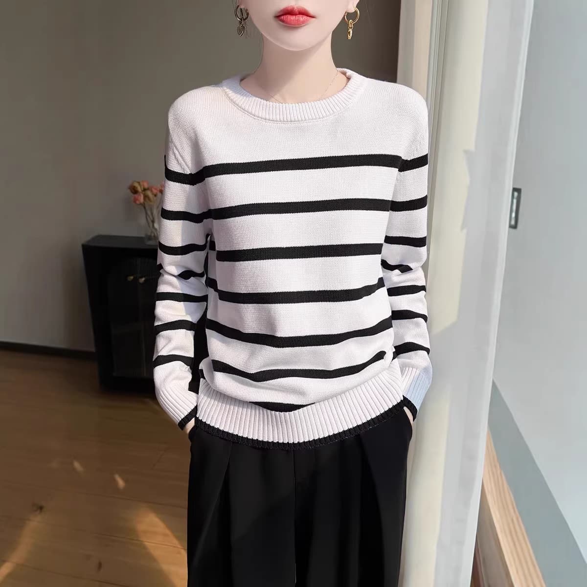 100% Cotton Knit Sweater for Women Horizontal Stripe Classic Simple Sweater Age Reducing 2026 New Knit Base Layer