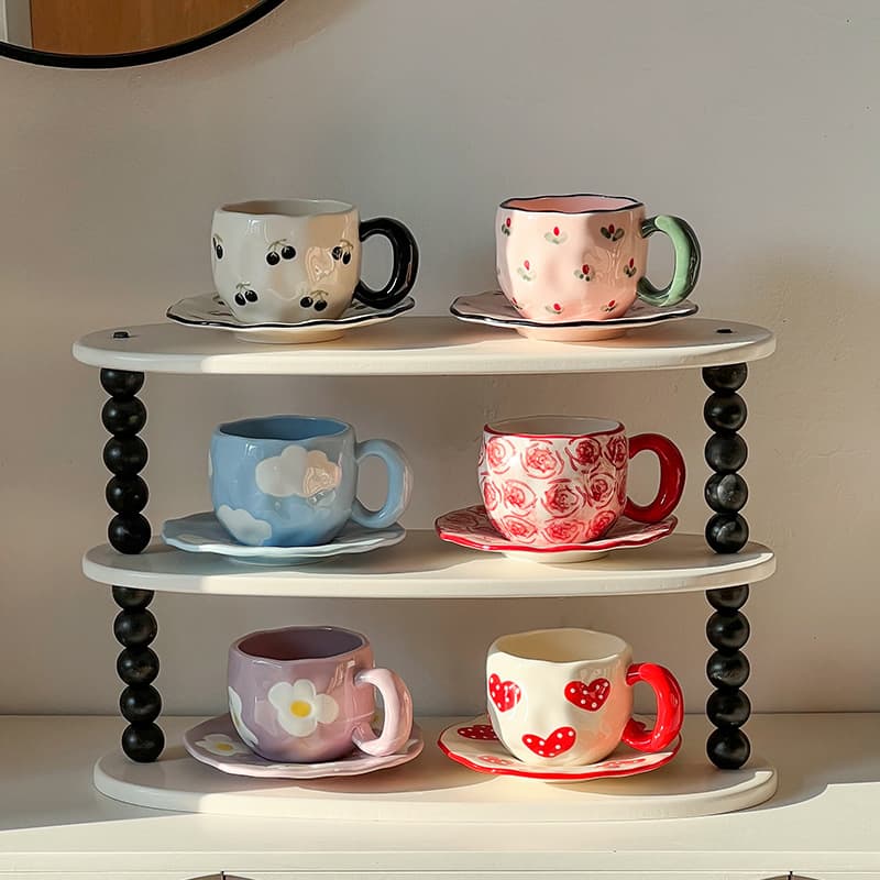 Korean Export Underglaze Hand-Painted Ceramic Coffee Cup Set with Saucer, High-Quality and Cute Latte Art Mug
