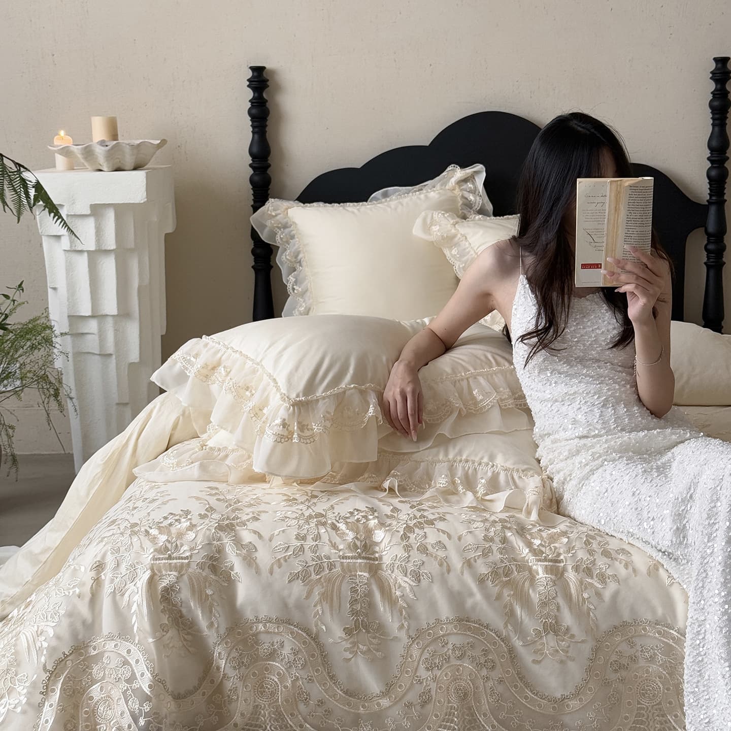 French light luxury cotton long-staple cotton four-piece princess style pure cotton lace quilt cover bed cover sheet fairy bedding