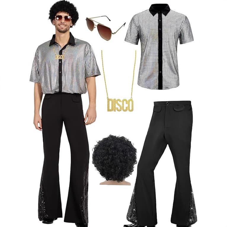 2025 New 70s Men's Classic Casual Retro Shiny Disco Performance Christmas Costume Set