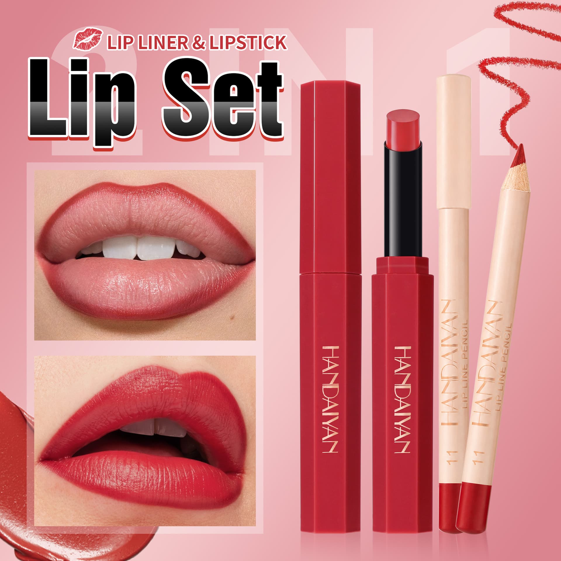Cross-border lip makeup HANDAIYAN oblique lipstick + lip liner set combination moisturizing lip set long-lasting
