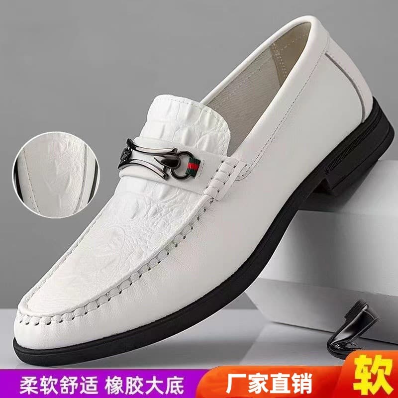 Leather Shoes for Men 2025 New Style Genuine Leather Breathable Casual Non-Slip Wear-Resistant Soft Sole Soft Surface Crocodile Pattern Slip-On Shoes