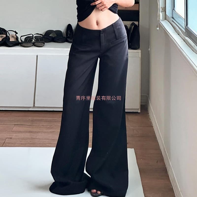 Cross-border European and American simple style basic versatile black suit trousers with temperament commuting low-waisted straight casual trousers
