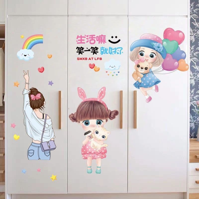 Cute Girl's Bedroom Wardrobe Sticker Cabinet Door Decorative Art Creative Cozy Wall Sticker Room Door Self-Adhesive Decal